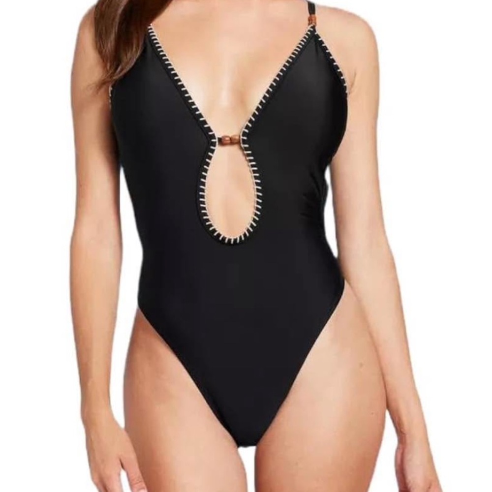 New Shade & Shore Women's Plunge Bead Detail Extra High Leg One Piece Swimsuit